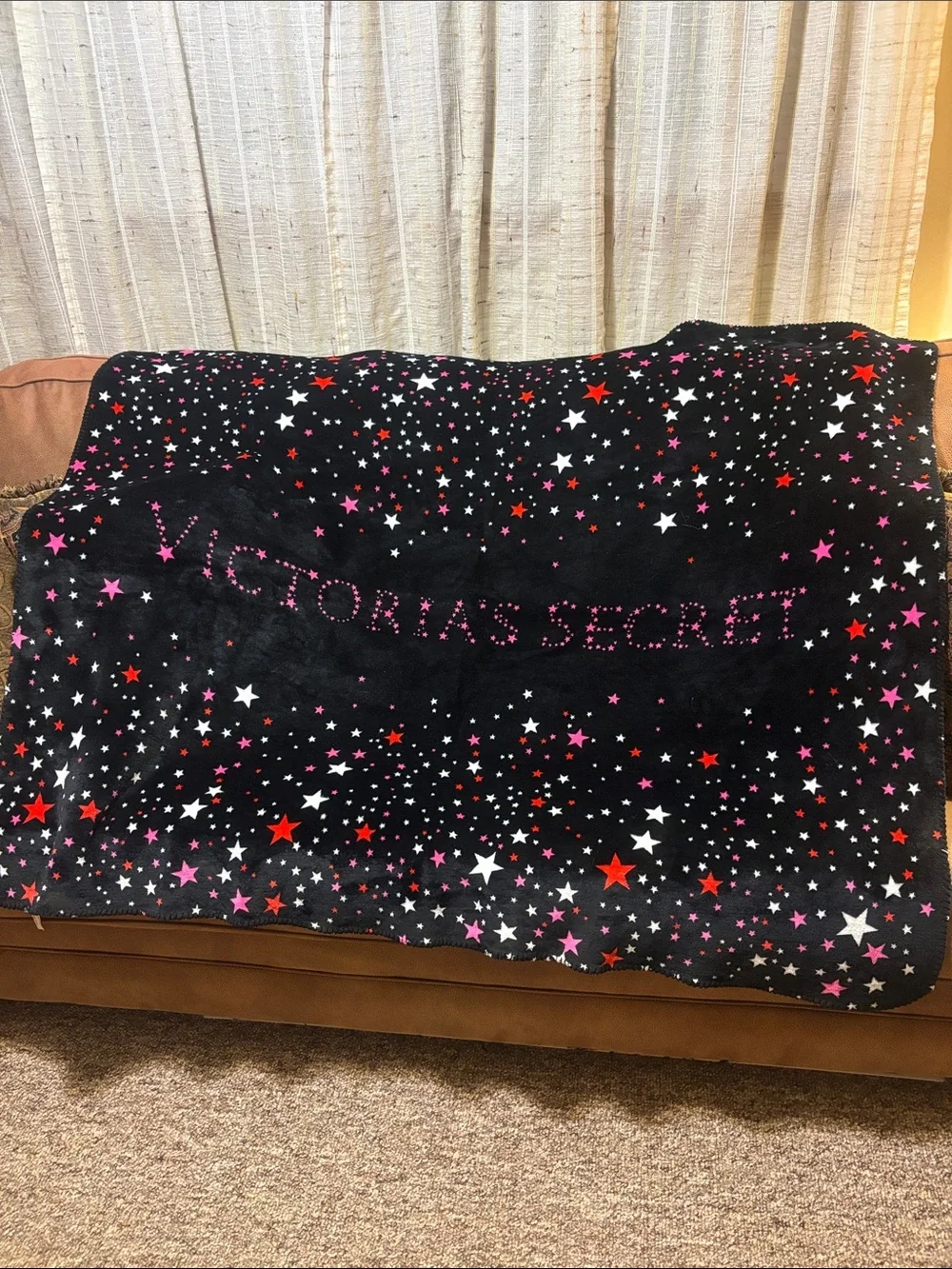 Victoria's Secret Black Star Print Plush Throw with Pink Logo